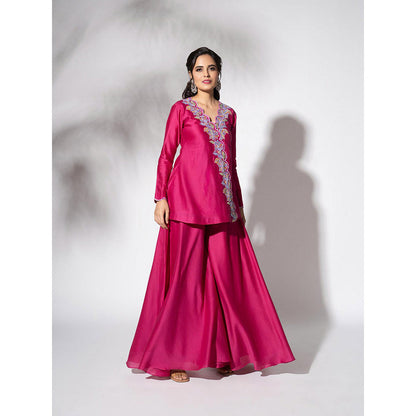THE AARYA Fuchsia Pink Handwoven Chanderi Embroidered Gharara (Set of 3)