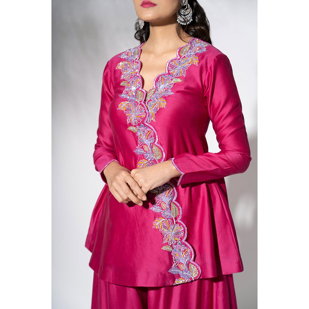 THE AARYA Fuchsia Pink Handwoven Chanderi Embroidered Gharara (Set of 3)
