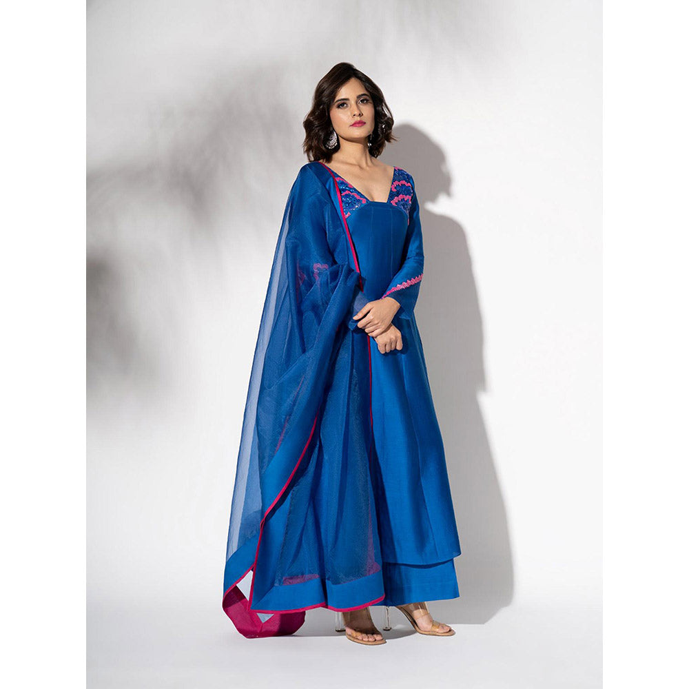 THE AARYA Electric Blue Handwoven Chanderi Embroidered Anarkali (Set of 3)