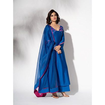 THE AARYA Electric Blue Handwoven Chanderi Embroidered Anarkali (Set of 3)