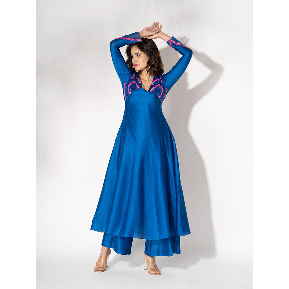 THE AARYA Electric Blue Handwoven Chanderi Embroidered Anarkali (Set of 3)