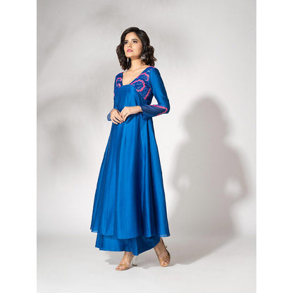 THE AARYA Electric Blue Handwoven Chanderi Embroidered Anarkali (Set of 3)