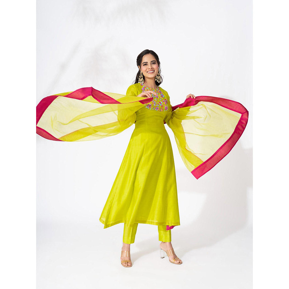 THE AARYA Lime Green Handwoven Chanderi Embroidered Kali Anarkali (Set of 3)