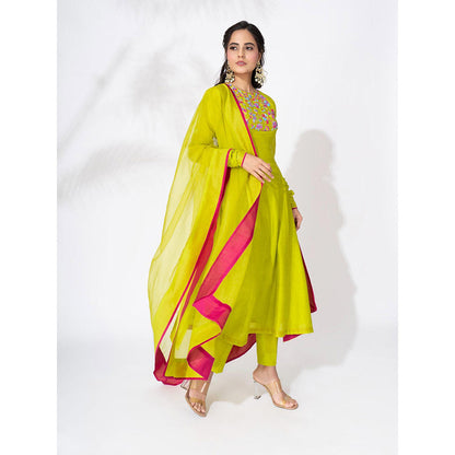 THE AARYA Lime Green Handwoven Chanderi Embroidered Kali Anarkali (Set of 3)