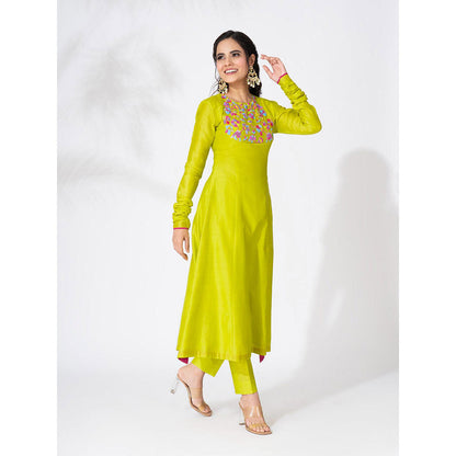 THE AARYA Lime Green Handwoven Chanderi Embroidered Kali Anarkali (Set of 3)