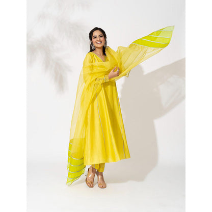 THE AARYA Yellow Handwoven Chanderi Anarkali (Set of 3)