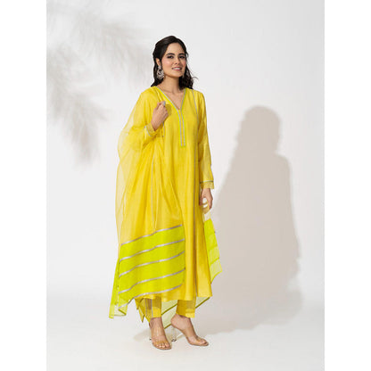 THE AARYA Yellow Handwoven Chanderi Anarkali (Set of 3)