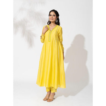 THE AARYA Yellow Handwoven Chanderi Anarkali (Set of 3)