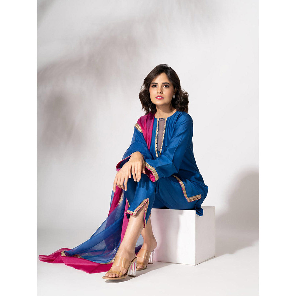 THE AARYA Electric Blue Handwoven Chanderi Short Kurta (Set of 3)