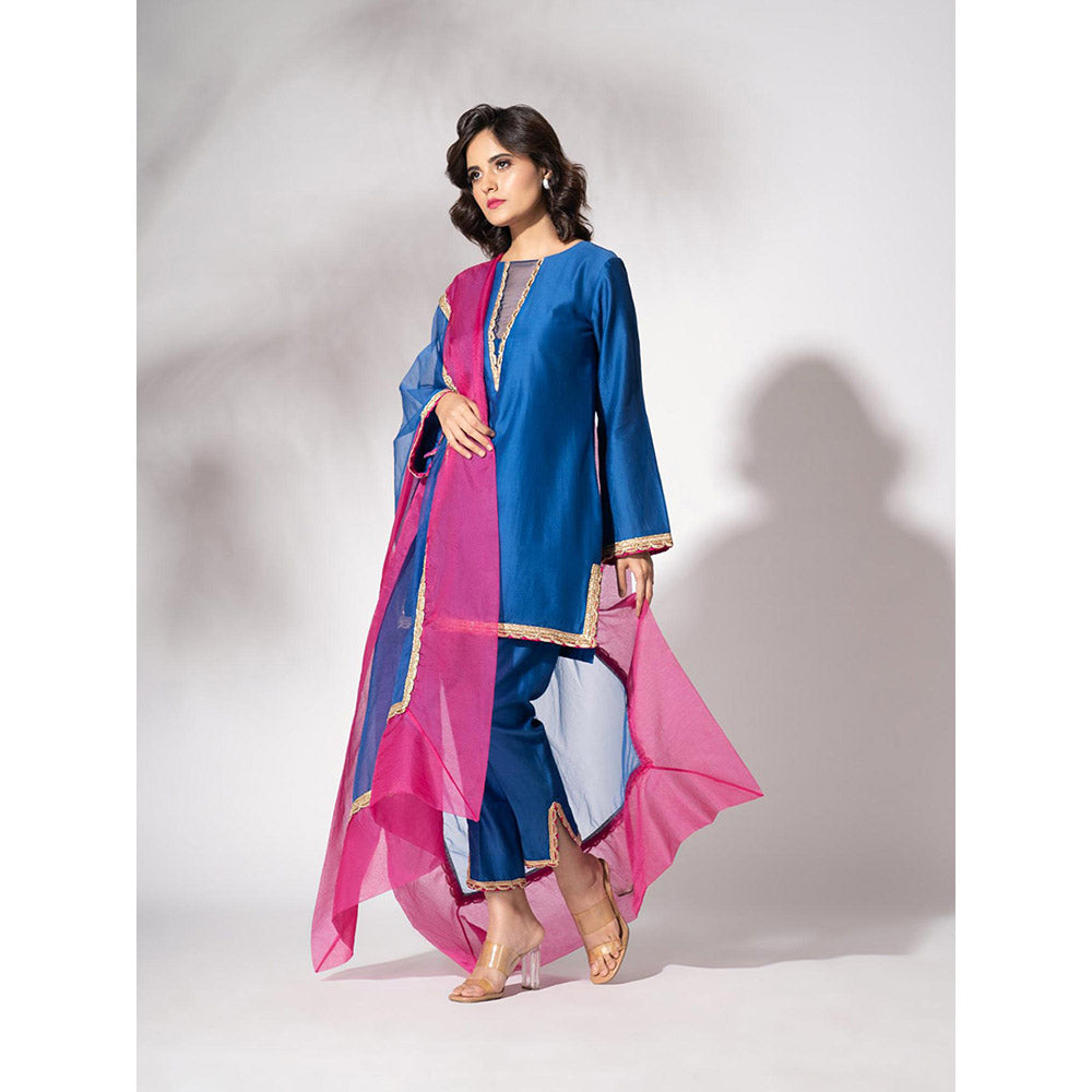 THE AARYA Electric Blue Handwoven Chanderi Short Kurta (Set of 3)