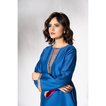 THE AARYA Electric Blue Handwoven Chanderi Short Kurta (Set of 3)