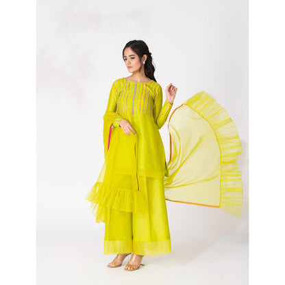 THE AARYA Lime Green Handwoven Chanderi Embroidered Short Kurta (Set of 3)