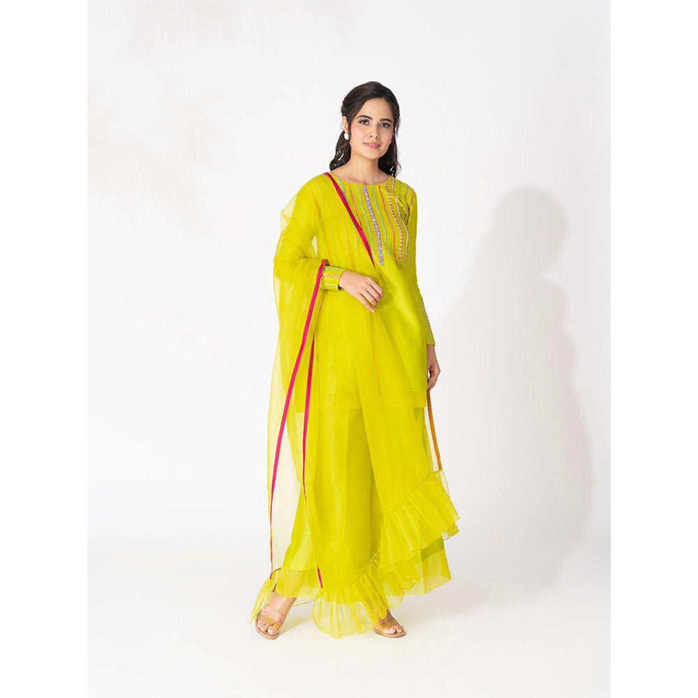 THE AARYA Lime Green Handwoven Chanderi Embroidered Short Kurta (Set of 3)