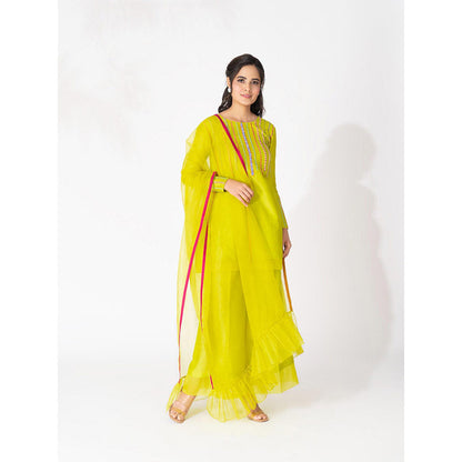 THE AARYA Lime Green Handwoven Chanderi Embroidered Short Kurta (Set of 3)