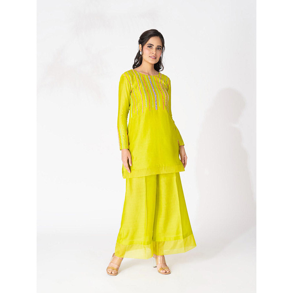 THE AARYA Lime Green Handwoven Chanderi Embroidered Short Kurta (Set of 3)