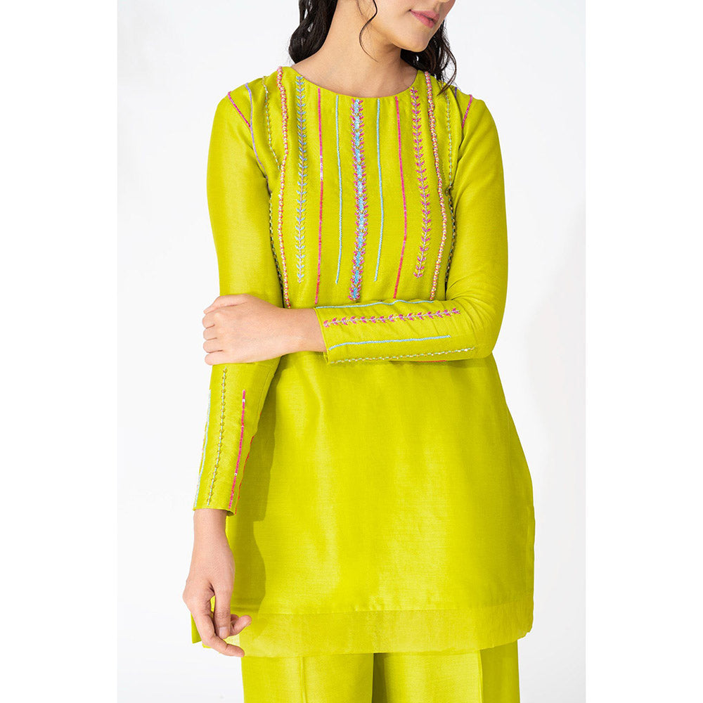 THE AARYA Lime Green Handwoven Chanderi Embroidered Short Kurta (Set of 3)