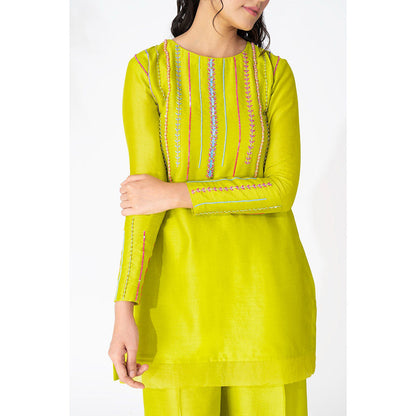 THE AARYA Lime Green Handwoven Chanderi Embroidered Short Kurta (Set of 3)