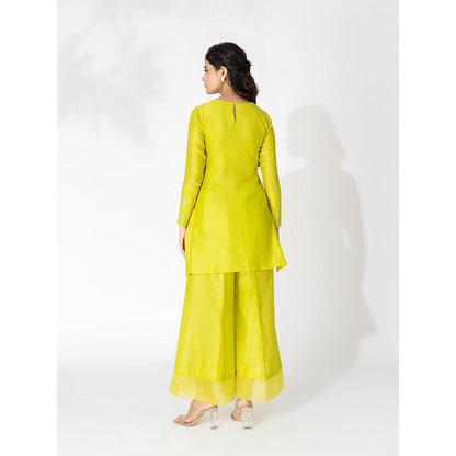 THE AARYA Lime Green Handwoven Chanderi Embroidered Short Kurta (Set of 3)
