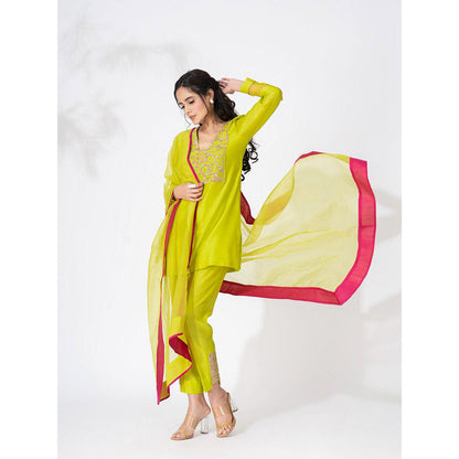THE AARYA Lime Green Handwoven Chanderi Embroidered Palazzo Kurta (Set of 3)