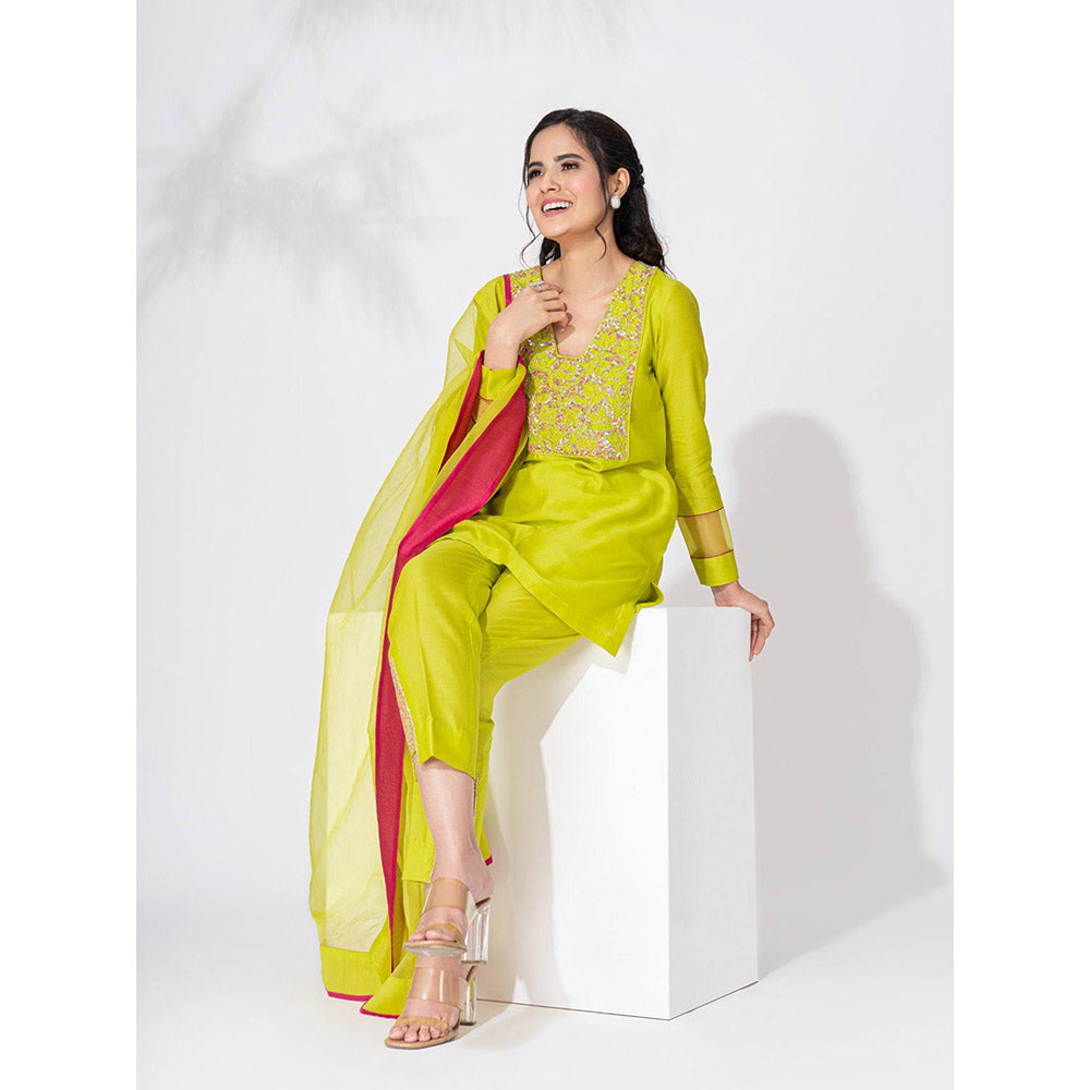 THE AARYA Lime Green Handwoven Chanderi Embroidered Palazzo Kurta (Set of 3)