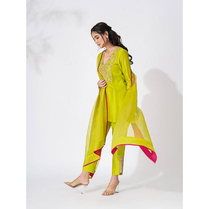 THE AARYA Lime Green Handwoven Chanderi Embroidered Palazzo Kurta (Set of 3)