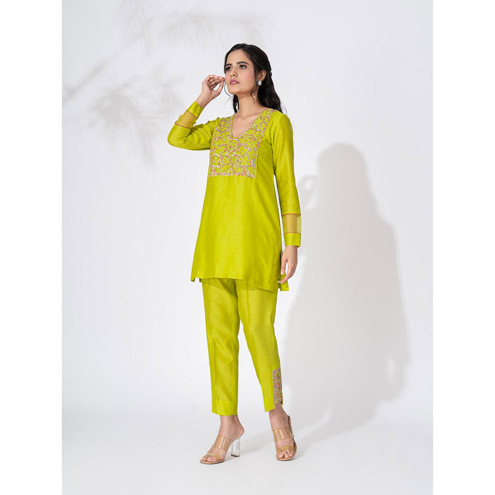 THE AARYA Lime Green Handwoven Chanderi Embroidered Palazzo Kurta (Set of 3)