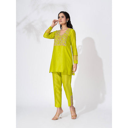 THE AARYA Lime Green Handwoven Chanderi Embroidered Palazzo Kurta (Set of 3)