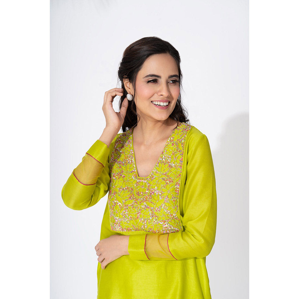 THE AARYA Lime Green Handwoven Chanderi Embroidered Palazzo Kurta (Set of 3)