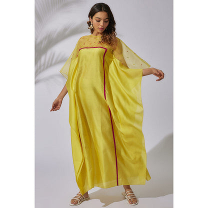 THE AARYA Yellow Handwoven Chanderi Embroidered Kaftan