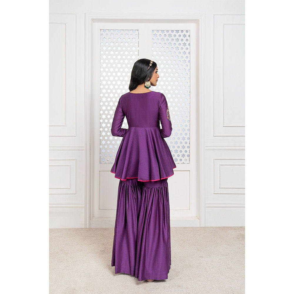 THE AARYA Purple Handwoven Chanderi Embroidered Gharara (Set of 3)