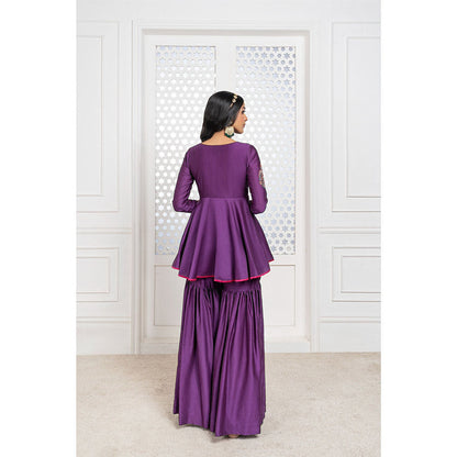 THE AARYA Purple Handwoven Chanderi Embroidered Gharara (Set of 3)