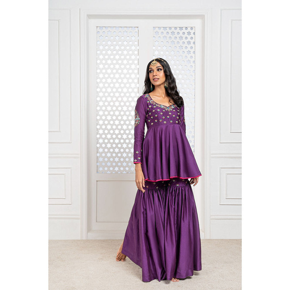THE AARYA Purple Handwoven Chanderi Embroidered Gharara (Set of 3)