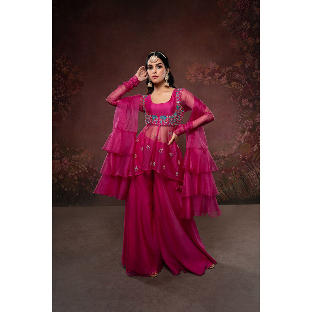 THE AARYA Pink Organza Embroidered Gharara (Set of 3)