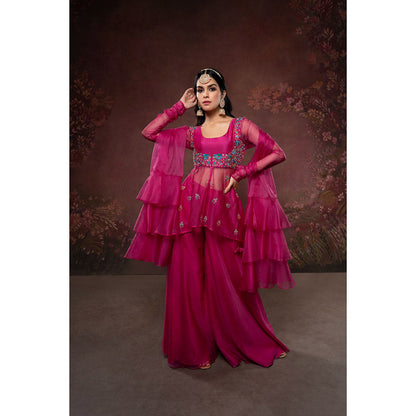 THE AARYA Pink Organza Embroidered Gharara (Set of 3)