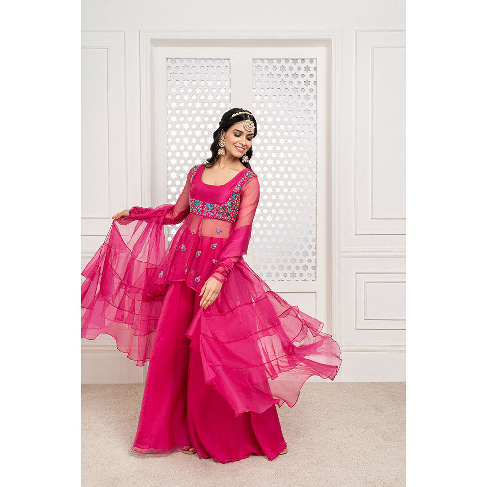 THE AARYA Pink Organza Embroidered Gharara (Set of 3)