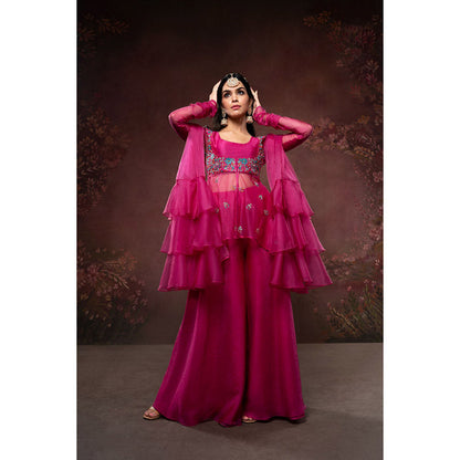 THE AARYA Pink Organza Embroidered Gharara (Set of 3)