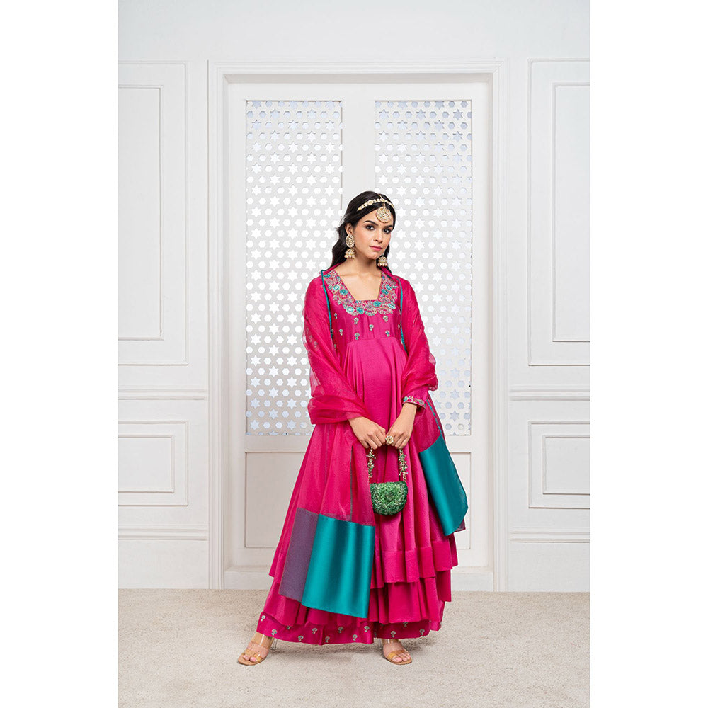 THE AARYA Pink Handwoven Chanderi Embroidered Layered Anarkali (Set of 3)