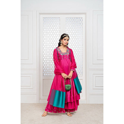 THE AARYA Pink Handwoven Chanderi Embroidered Layered Anarkali (Set of 3)