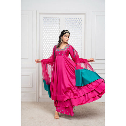 THE AARYA Pink Handwoven Chanderi Embroidered Layered Anarkali (Set of 3)
