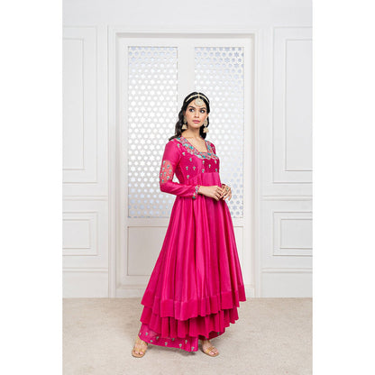 THE AARYA Pink Handwoven Chanderi Embroidered Layered Anarkali (Set of 3)
