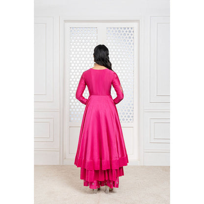 THE AARYA Pink Handwoven Chanderi Embroidered Layered Anarkali (Set of 3)