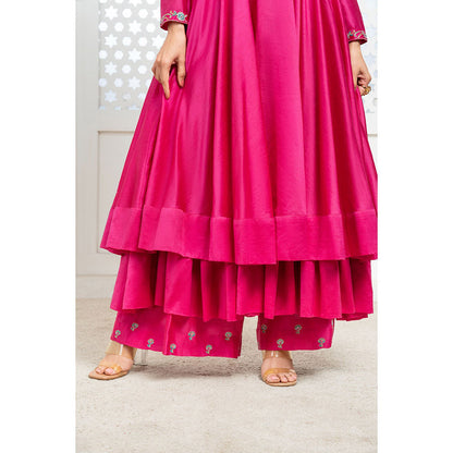 THE AARYA Pink Handwoven Chanderi Embroidered Layered Anarkali (Set of 3)