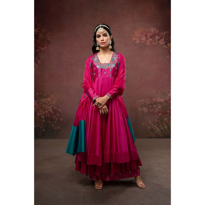 THE AARYA Pink Handwoven Chanderi Embroidered Layered Anarkali (Set of 3)
