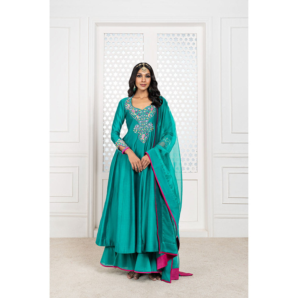 THE AARYA Green Handwoven Chanderi Embroidered Anarkali (Set of 3)