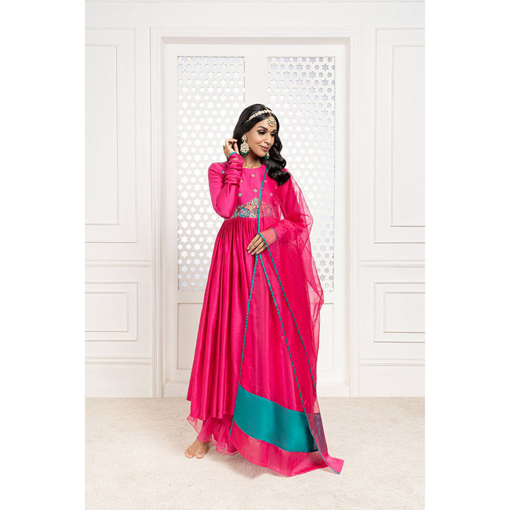THE AARYA Pink Handwoven Chanderi Embroidered Anarkali (Set of 3)
