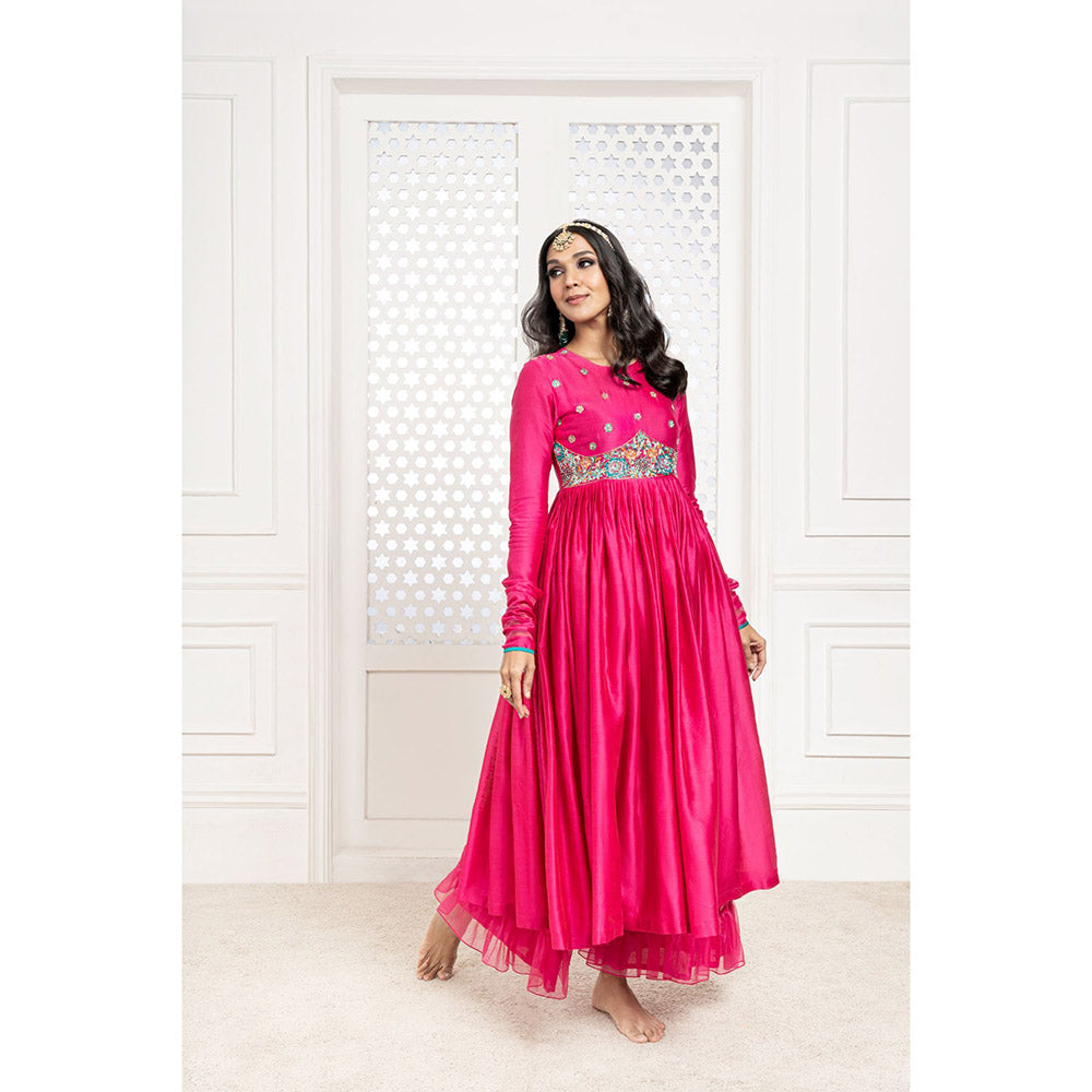 THE AARYA Pink Handwoven Chanderi Embroidered Anarkali (Set of 3)