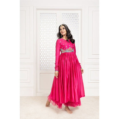 THE AARYA Pink Handwoven Chanderi Embroidered Anarkali (Set of 3)