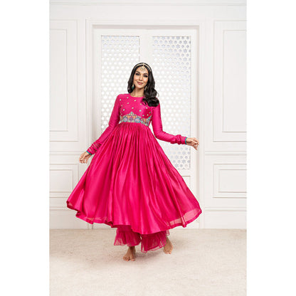 THE AARYA Pink Handwoven Chanderi Embroidered Anarkali (Set of 3)