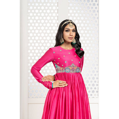 THE AARYA Pink Handwoven Chanderi Embroidered Anarkali (Set of 3)