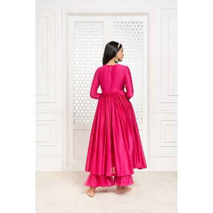 THE AARYA Pink Handwoven Chanderi Embroidered Anarkali (Set of 3)
